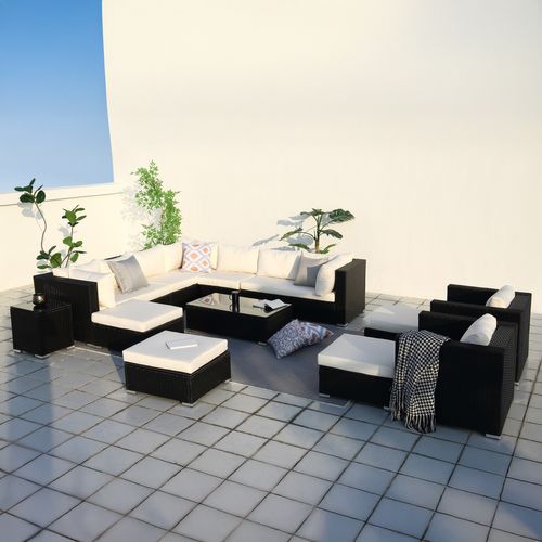 Stalla - Salon De Jardin Modulable 13/14 Places En Résine Tressée Noir Et Blanc