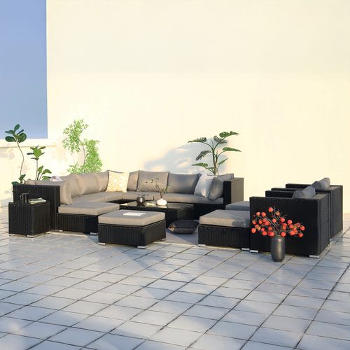 Stalla - Salon De Jardin Modulable 13/14 Places En Résine Tressée Noir Et Gris