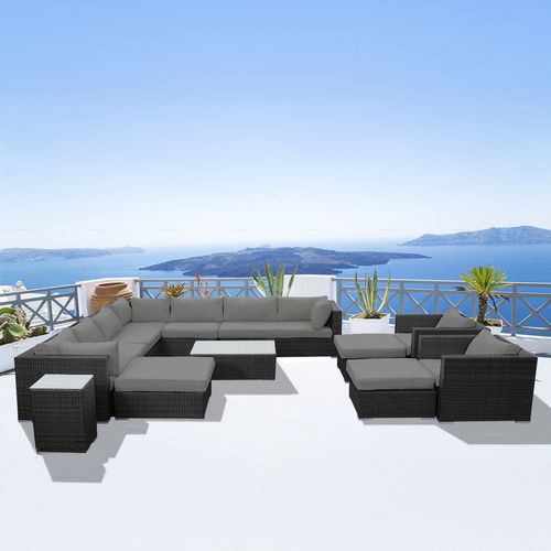 Stalla - Salon De Jardin Modulable 13/14 Places En Résine Tressée Noir Et Gris