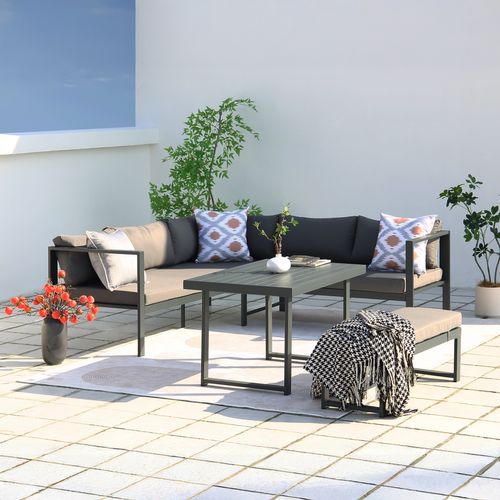 Marbella - Salon De Jardin Gris Foncé 6 Places Canapé + Banc