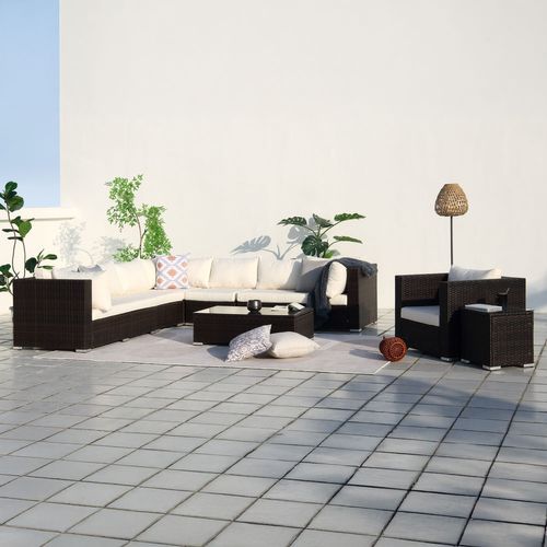 Salento - Salon De Jardin Panoramique 8 Places En Résine Tressée Marron Et Blanc