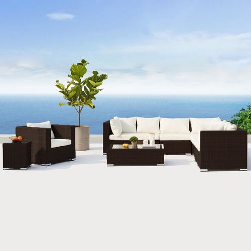 Salento - Salon De Jardin Panoramique 8 Places En Résine Tressée Marron Et Blanc