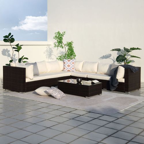 Salento - Salon De Jardin Panoramique 8 Places En Résine Tressée Marron Et Blanc