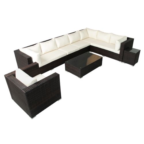Salento - Salon De Jardin Panoramique 8 Places En Résine Tressée Marron Et Blanc