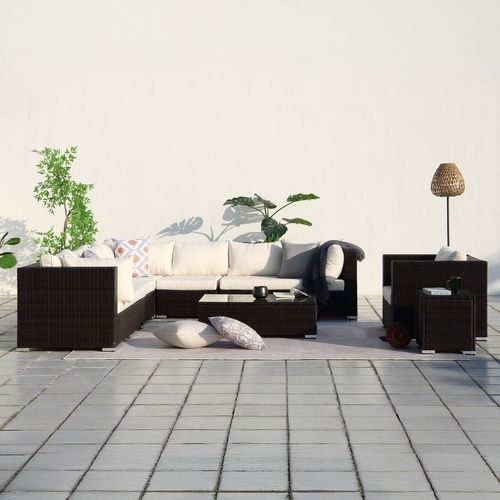 Salento - Salon De Jardin Panoramique 8 Places En Résine Tressée Marron Et Blanc
