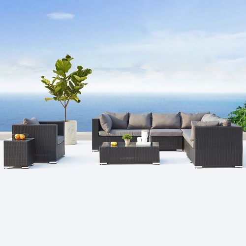 Salento - Salon De Jardin Panoramique 8 Places En Résine Tressée Noir Et Gris