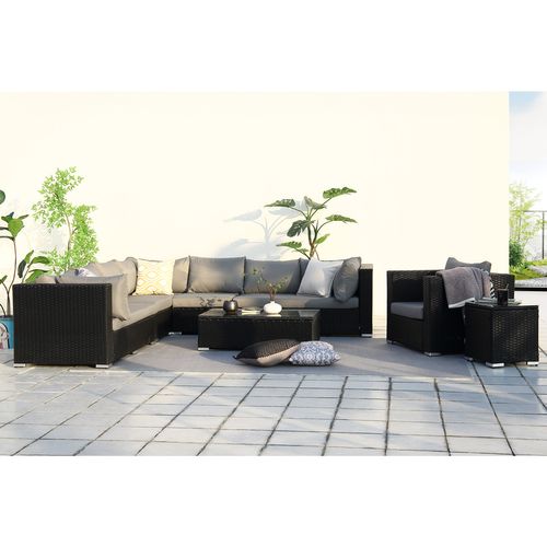 Salento - Salon De Jardin Panoramique 8 Places En Résine Tressée Noir Et Gris