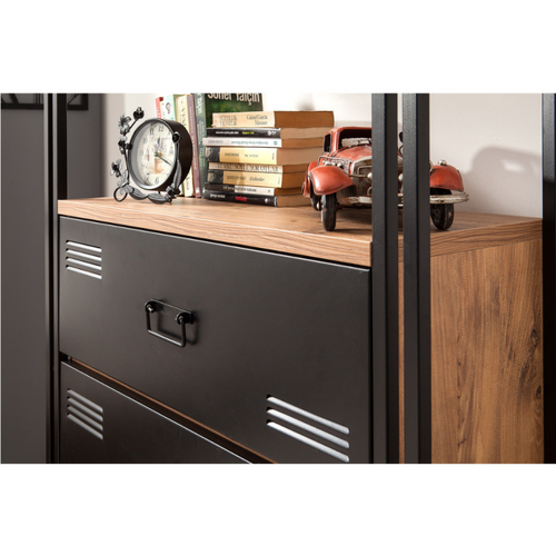 Tali - Bibliothèque Industrielle Avec Tiroirs - Bois Et Noir