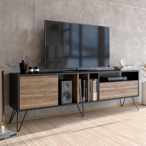Baylee - Meuble TV Industriel Bois Et Noir Avec Rangement 180 Cm