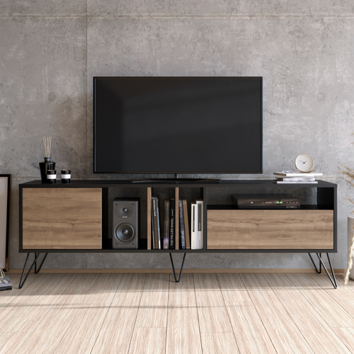 Baylee - Meuble TV Industriel Bois Et Noir Avec Rangement 180 Cm