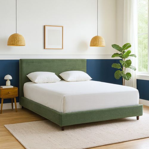 Lit Adulte 180x200 Cm Avec Tête De Lit Capitonnée En Velours Côtelé Vert - William