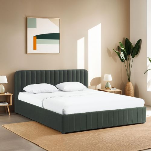 Lit Coffre Adulte 180x200 Cm Avec Tête De Lit Capitonnée En Velours Vert Kaki - Ava