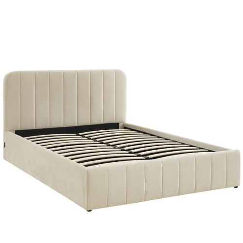 Lit Coffre Adulte 180x200 Cm Avec Tête De Lit Capitonnée En Velours Beige - Ava