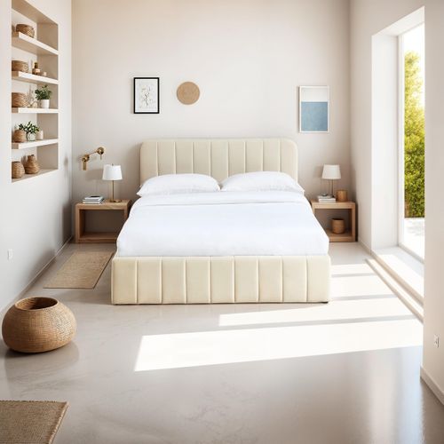 Lit Coffre Adulte 180x200 Cm Avec Tête De Lit Capitonnée En Velours Beige - Ava
