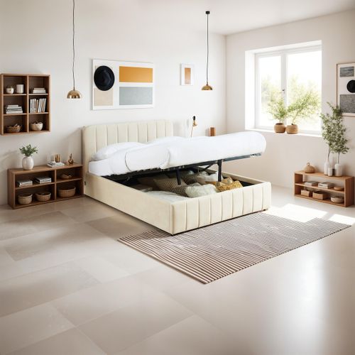 Lit Coffre Adulte 180x200 Cm Avec Tête De Lit Capitonnée En Velours Beige - Ava