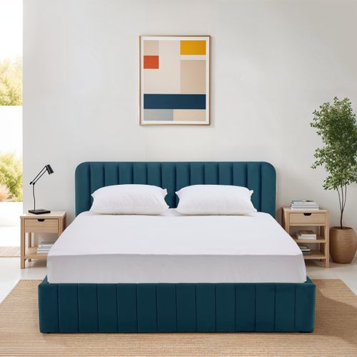 Lit Coffre Adulte 160x200 Cm Avec Tête De Lit Capitonnée En Velours Bleu - Ava