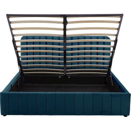 Lit Coffre Adulte 160x200 Cm Avec Tête De Lit Capitonnée En Velours Bleu - Ava