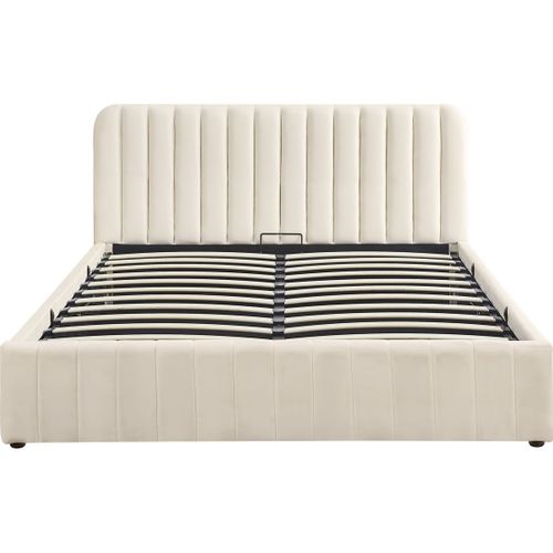 Lit Coffre Adulte 160x200 Cm Avec Tête De Lit Capitonnée En Velours Beige - Ava