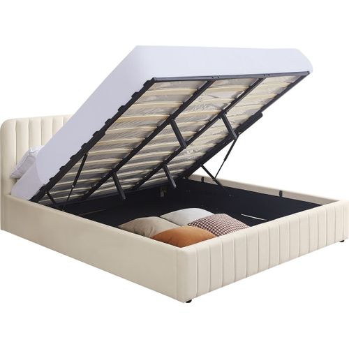 Lit Coffre Adulte 160x200 Cm Avec Tête De Lit Capitonnée En Velours Beige - Ava