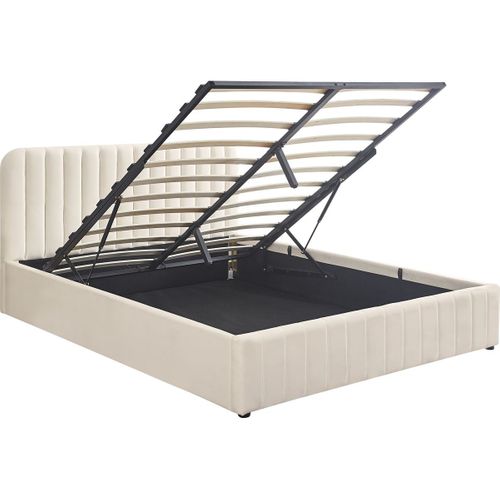 Lit Coffre Adulte 160x200 Cm Avec Tête De Lit Capitonnée En Velours Beige - Ava