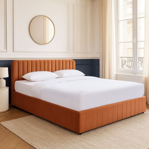 Lit Coffre Adulte 140x190 Cm Avec Tête De Lit Capitonnée En Velours Terracotta - Ava