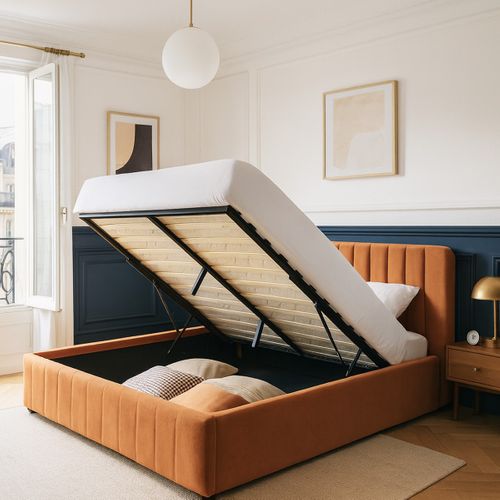 Lit Coffre Adulte 140x190 Cm Avec Tête De Lit Capitonnée En Velours Terracotta - Ava