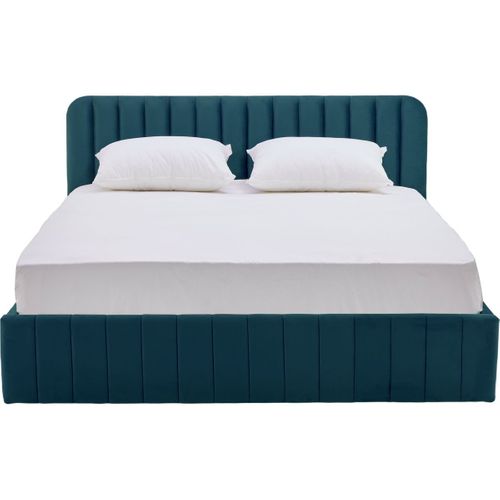 Lit Coffre Adulte 140x190 Cm Avec Tête De Lit Capitonnée En Velours Bleu - Ava