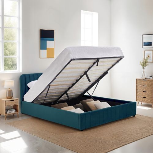 Lit Coffre Adulte 140x190 Cm Avec Tête De Lit Capitonnée En Velours Bleu - Ava
