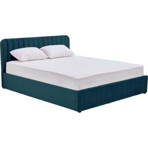 Lit Coffre Adulte 140x190 Cm Avec Tête De Lit Capitonnée En Velours Bleu - Ava