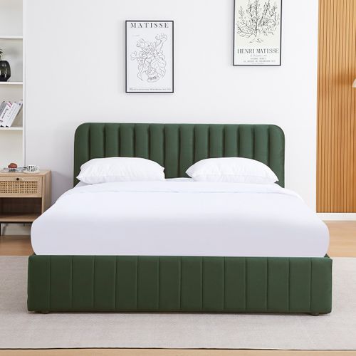 Lit Coffre Adulte 140x190 Cm Avec Tête De Lit Capitonnée En Velours Vert Kaki - Ava