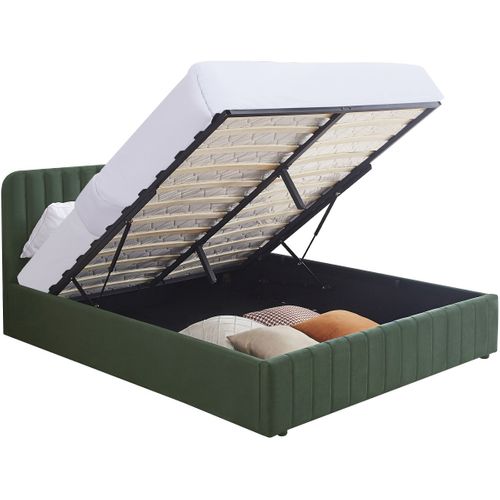 Lit Coffre Adulte 140x190 Cm Avec Tête De Lit Capitonnée En Velours Vert Kaki - Ava