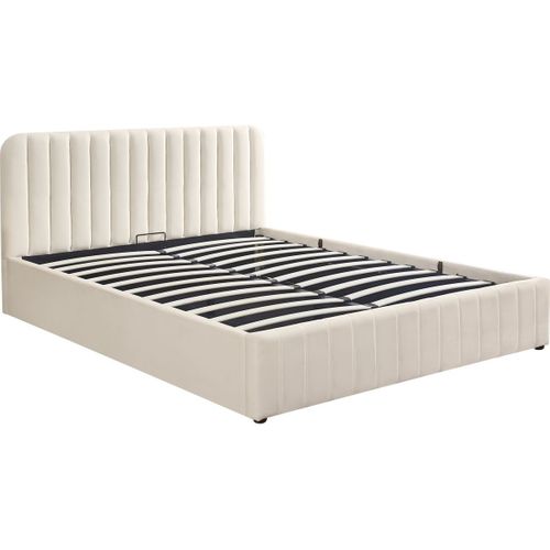 Lit Coffre Adulte 140x190 Cm Avec Tête De Lit Capitonnée En Velours Beige - Ava