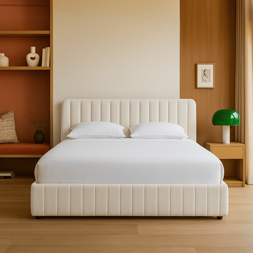 Lit Coffre Adulte 140x190 Cm Avec Tête De Lit Capitonnée En Velours Beige - Ava