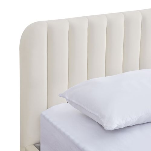 Lit Coffre Adulte 140x190 Cm Avec Tête De Lit Capitonnée En Velours Beige - Ava