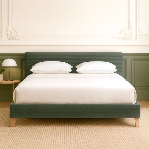 Lit Adulte 180x200 Cm Avec Tête De Lit Capitonnée En Velours Côtelé Vert Kaki - Milo