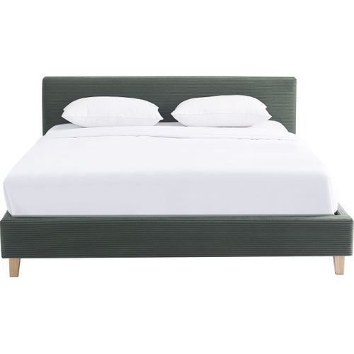 Lit Adulte 180x200 Cm Avec Tête De Lit Capitonnée En Velours Côtelé Vert Kaki - Milo
