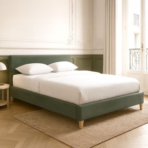 Lit Adulte 140x190 Cm Avec Tête De Lit Capitonnée En Velours Côtelé Vert Kaki - Milo