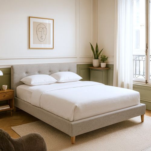 Lit Adulte 140x190 Cm Avec Tête De Lit Capitonnée En Tissu Gris Chiné - Milo