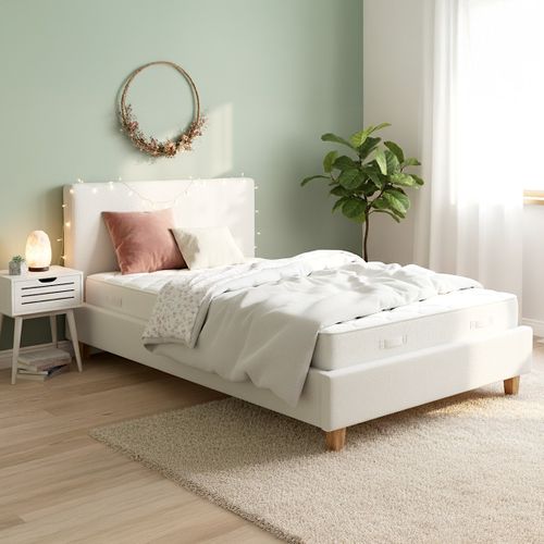 Lit Adulte 90x190 Cm Avec Tête De Lit Capitonnée En Tissu Bouclé Beige - Milo