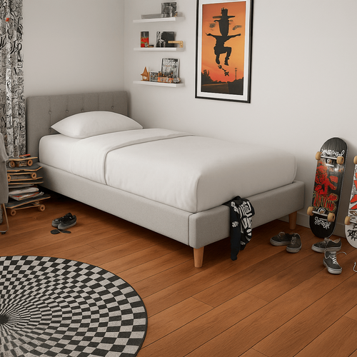 Lit Adulte 90x190 Cm Avec Tête De Lit Capitonnée En Tissu Gris Chiné - Milo