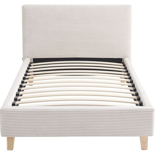 Lit Adulte 90x190 Cm Avec Tête De Lit Capitonnée En Tissu Beige - Milo