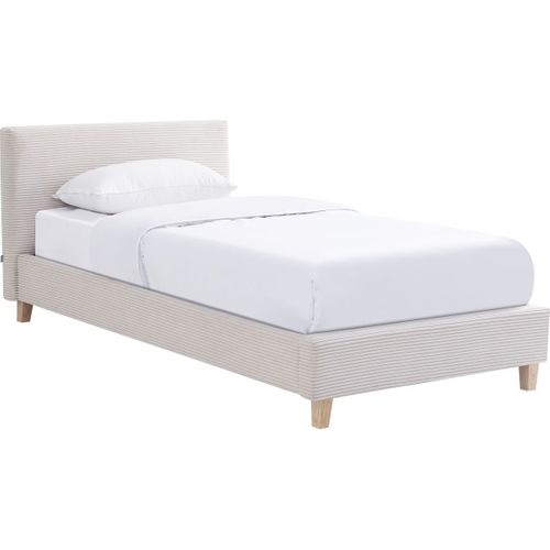 Lit Adulte 90x190 Cm Avec Tête De Lit Capitonnée En Tissu Beige - Milo
