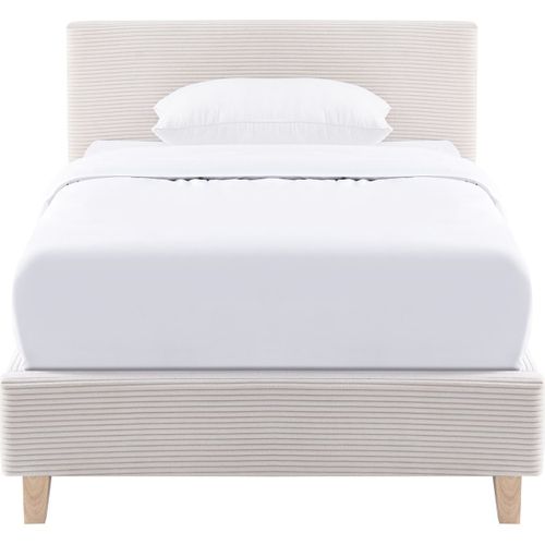 Lit Adulte 90x190 Cm Avec Tête De Lit Capitonnée En Tissu Beige - Milo