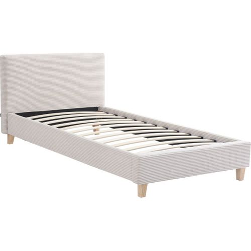 Lit Adulte 90x190 Cm Avec Tête De Lit Capitonnée En Tissu Beige - Milo