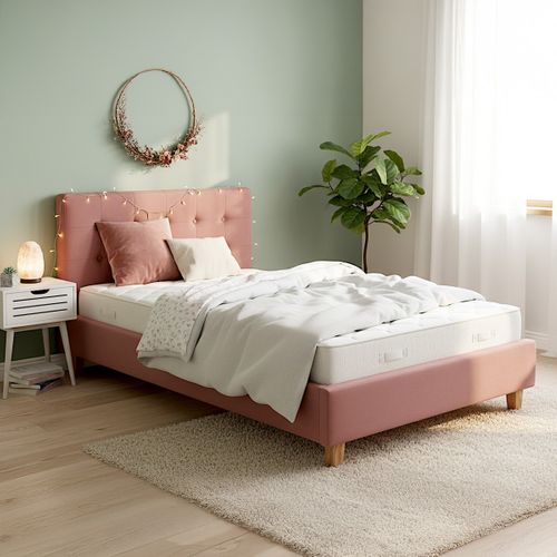 Lit Adulte 90x190 Cm Avec Tête De Lit Capitonnée En Velours Vieux Rose - Milo