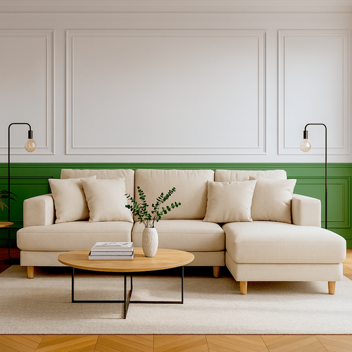 Canapé D'angle à Droite Convertible 4 Places En Tissu Chenille Beige - Marceau