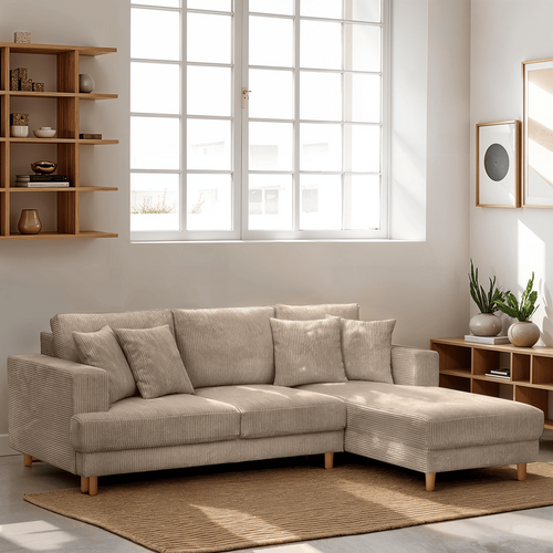 Canapé D'angle à Droite Convertible 4 Places En Velours Côtelé Taupe - Marceau