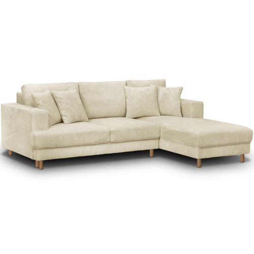 Canapé D'angle à Droite Convertible 4 Places En Velours Côtelé Beige - Marceau