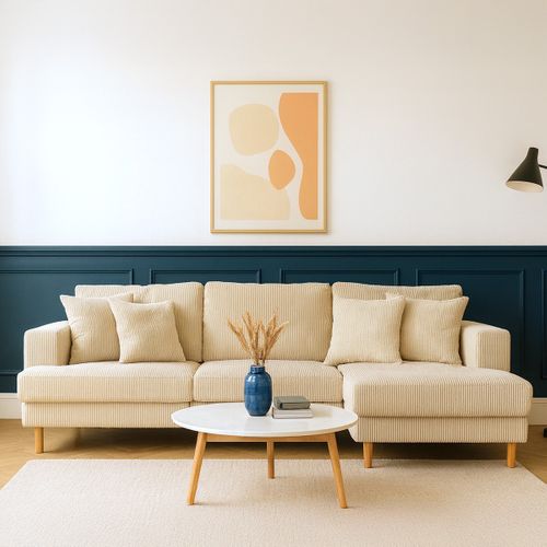 Canapé D'angle à Droite Convertible 4 Places En Velours Côtelé Beige - Marceau