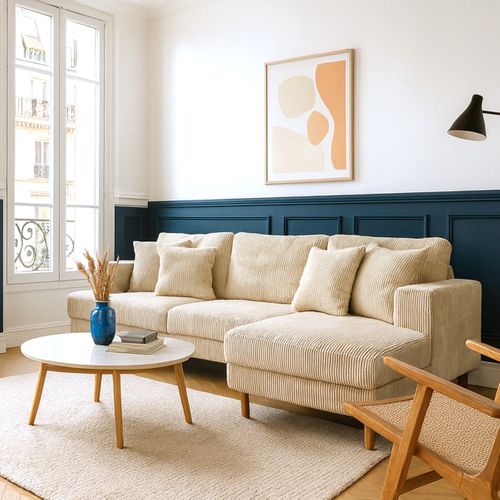 Canapé D'angle à Droite Convertible 4 Places En Velours Côtelé Beige - Marceau